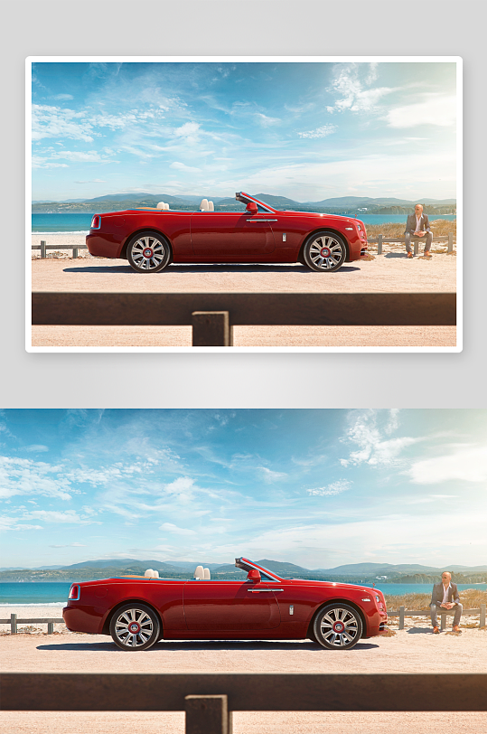 海边红跑车与男士静坐-众图网