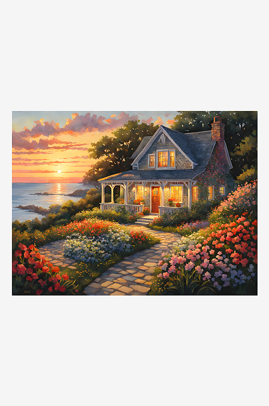 海边花房日落美景-众图网