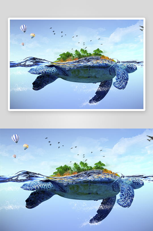 海龟游弋热带岛屿上空-众图网
