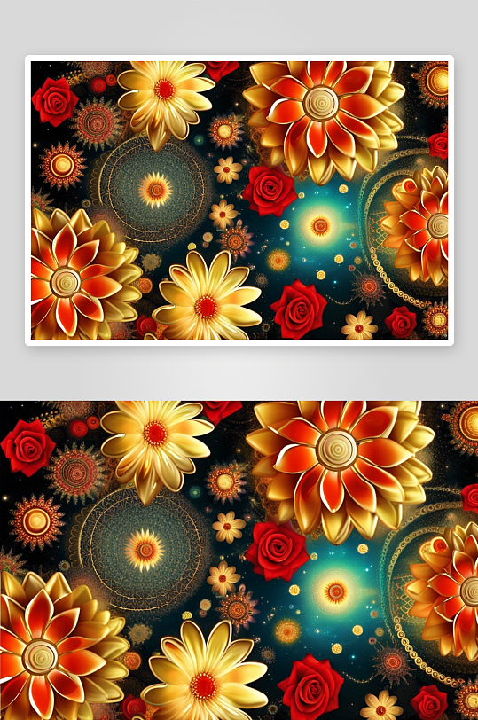 炫彩花朵与几何图案交织的艺术画-众图网