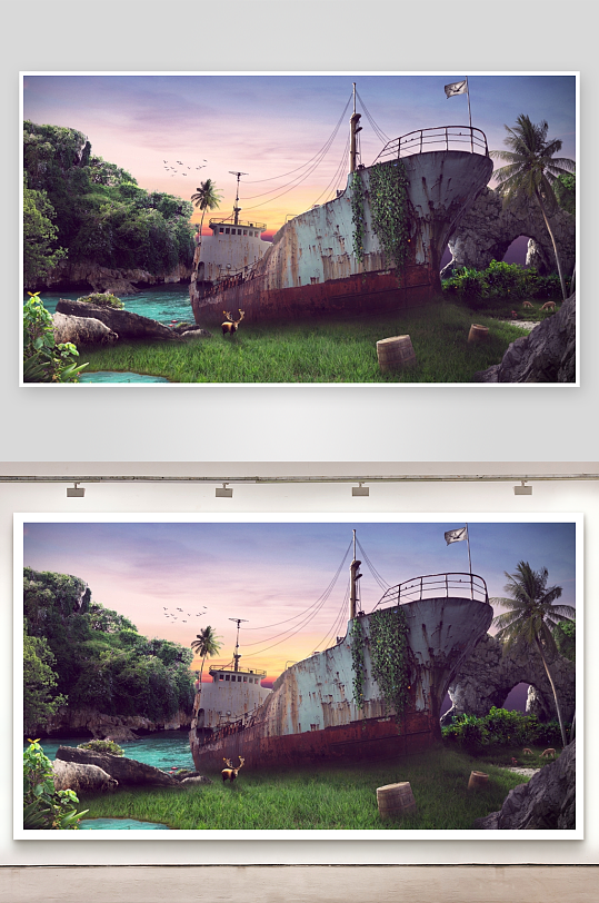 热带丛林中的废弃沉船-众图网