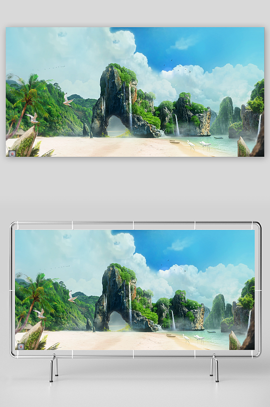 热带海滩奇岩瀑布景观-众图网