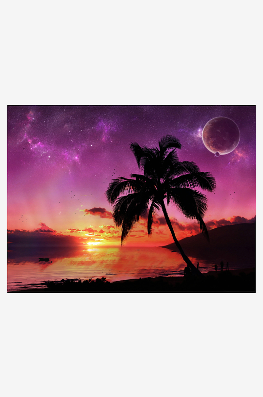 热带海滩日落与星空奇景-众图网