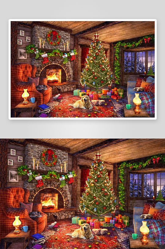温馨圣诞夜客厅与宠物-众图网