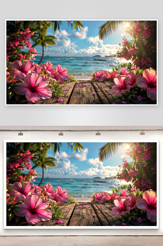 热带海滩木桌花景-众图网
