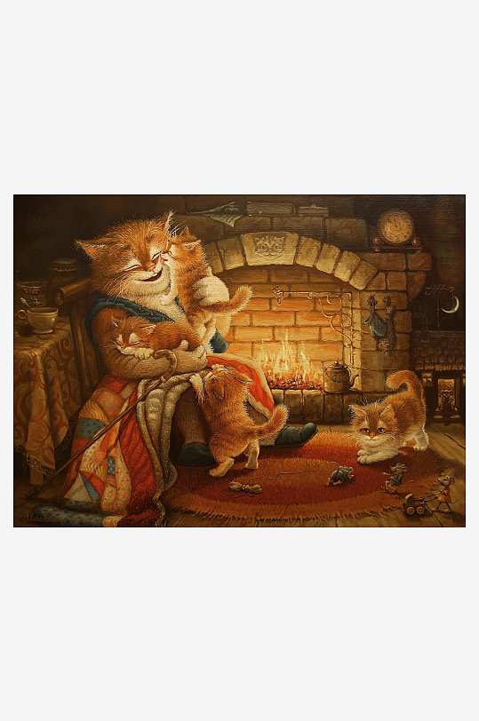 温馨壁炉旁猫咪母子亲情画面-众图网