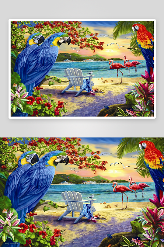 热带海滩鹦鹉与火烈鸟-众图网