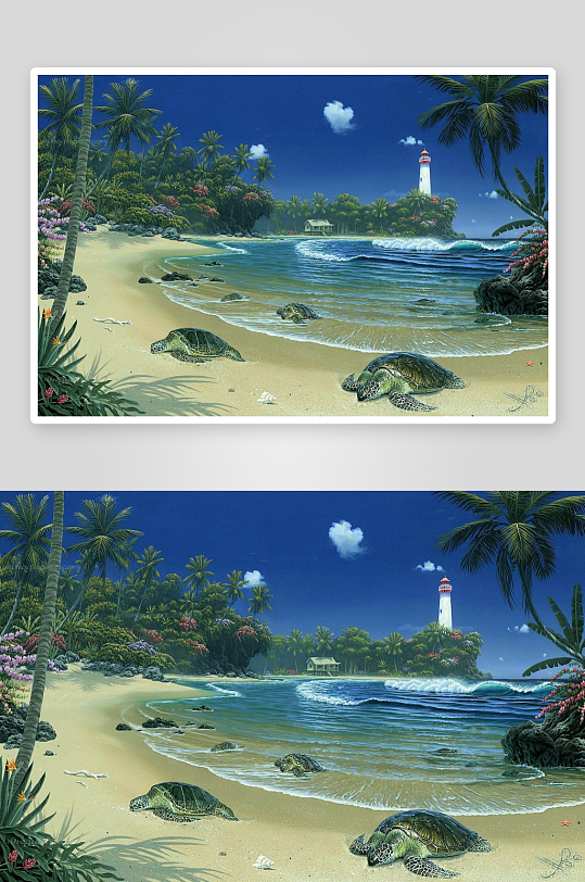热带海滩龟戏浪景-众图网