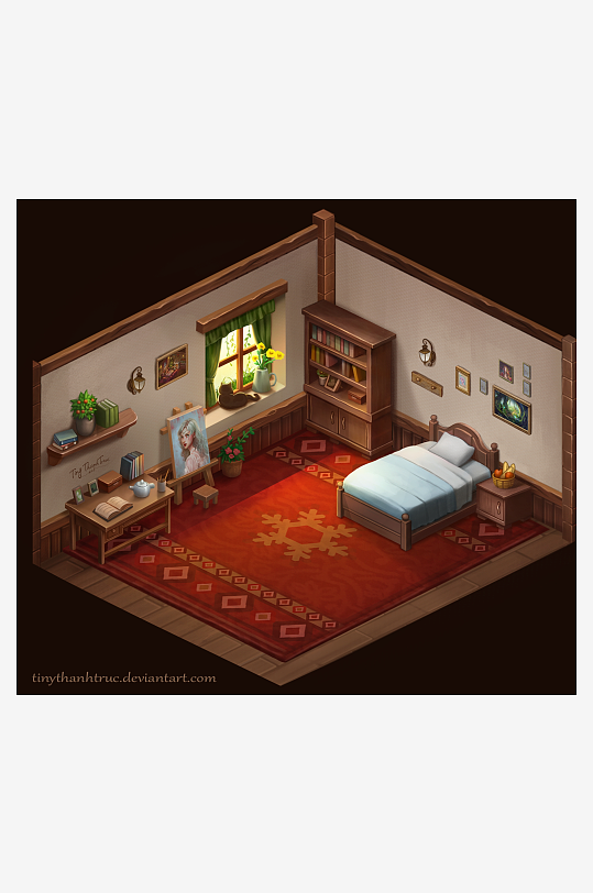 温馨复古风格卧室场景-众图网