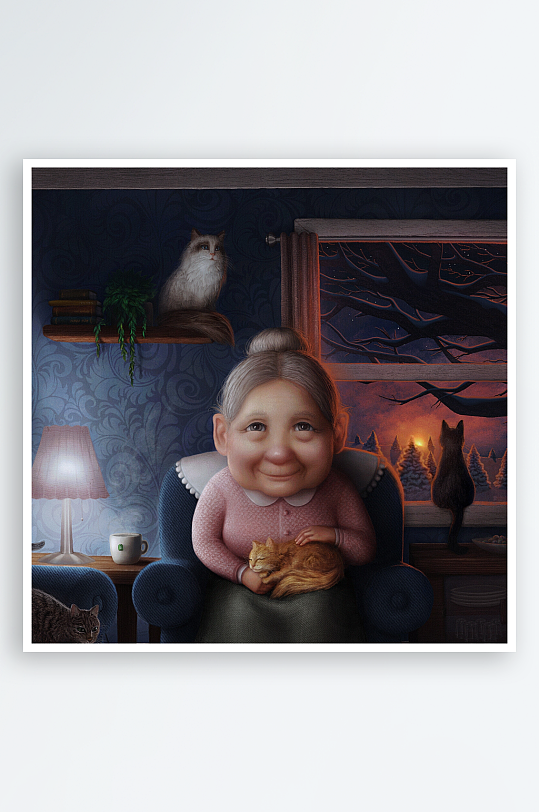 温馨室内老妇与猫咪相伴-众图网