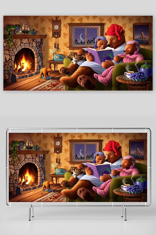 温馨熊家庭睡前阅读场景-众图网