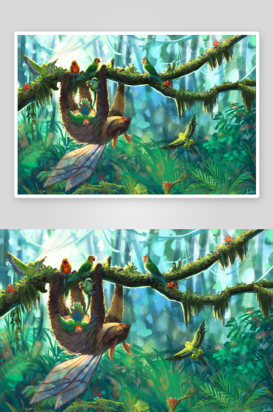 热带雨林中的树懒与鹦鹉-众图网