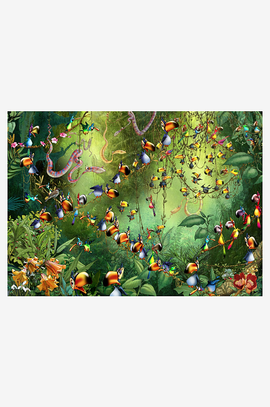热带雨林奇幻鸟类生态图-众图网