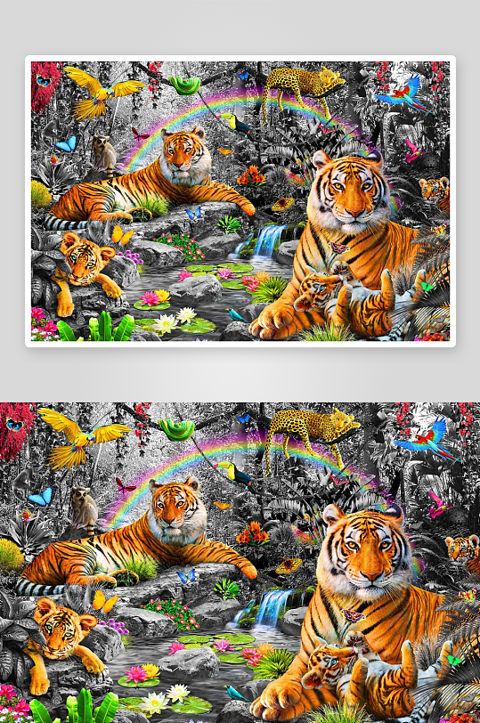 热带雨林老虎与多彩生物共生图-众图网