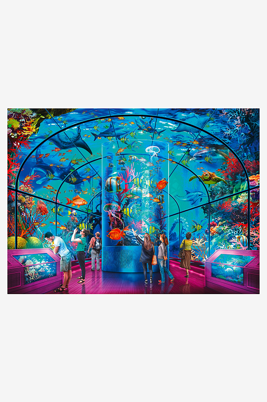 游客观赏大型水族馆海洋生物-众图网