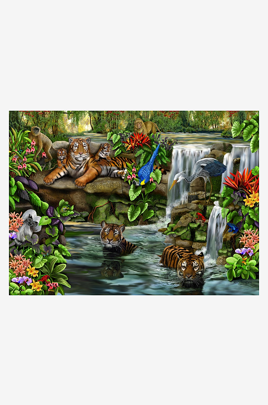 热带雨林老虎家族栖息场景-众图网