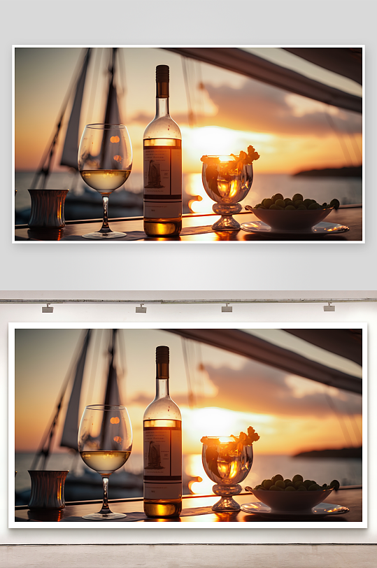 游艇甲板夕阳美酒与美食-众图网