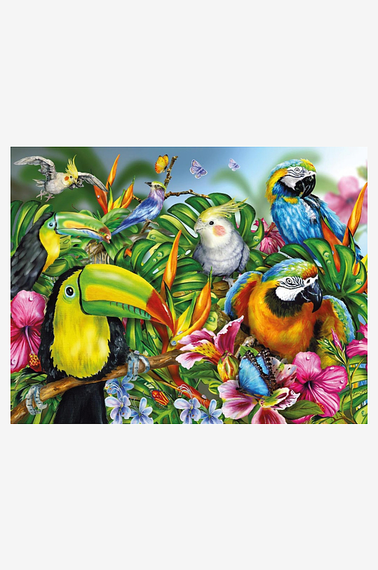 热带雨林鹦鹉与巨嘴鸟栖息图-众图网