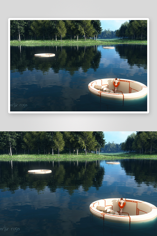 湖中圆形浮台与人物静景-众图网