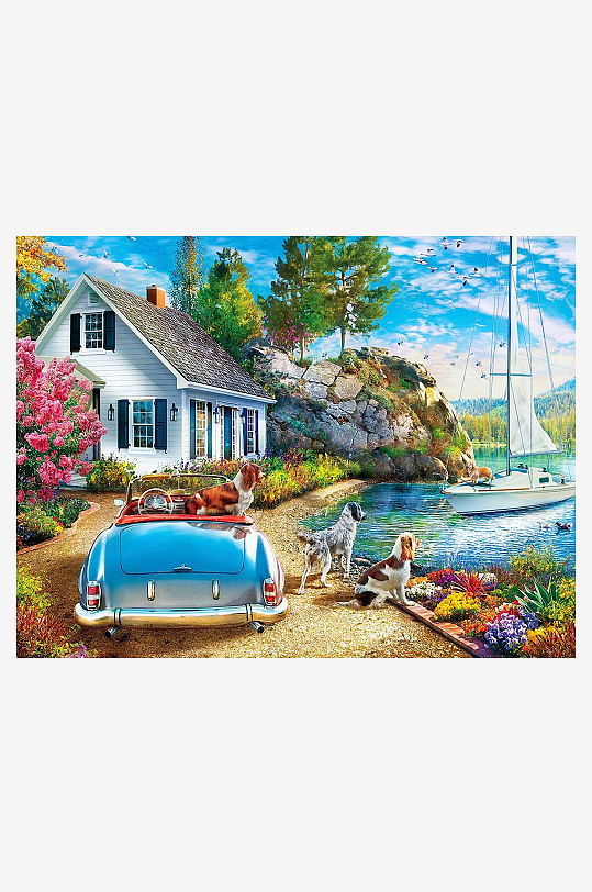 湖畔别墅旁的复古车与狗狗-众图网