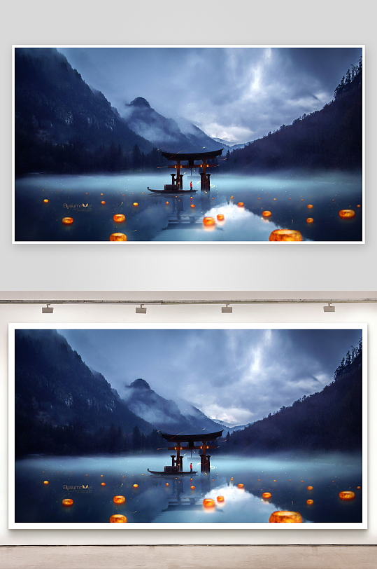 湖畔古亭灯火夜景-众图网