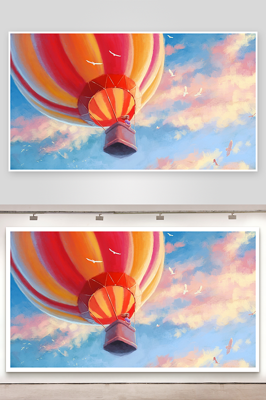 热气球飞天少女与群鸟-众图网