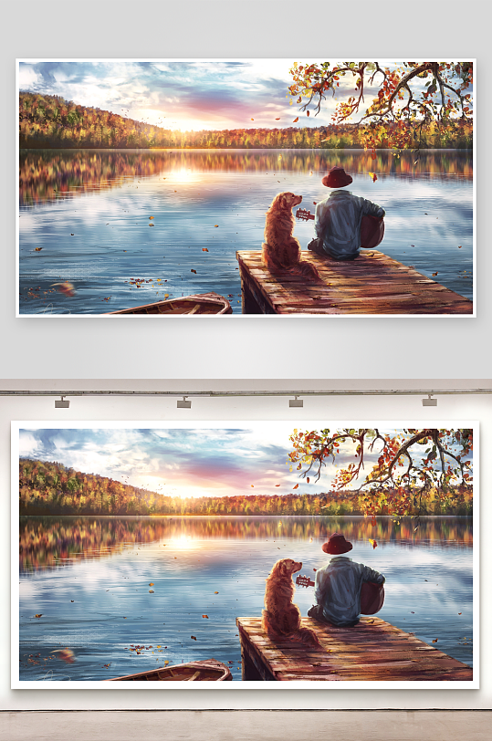 湖畔夕阳下人与狗静坐-众图网