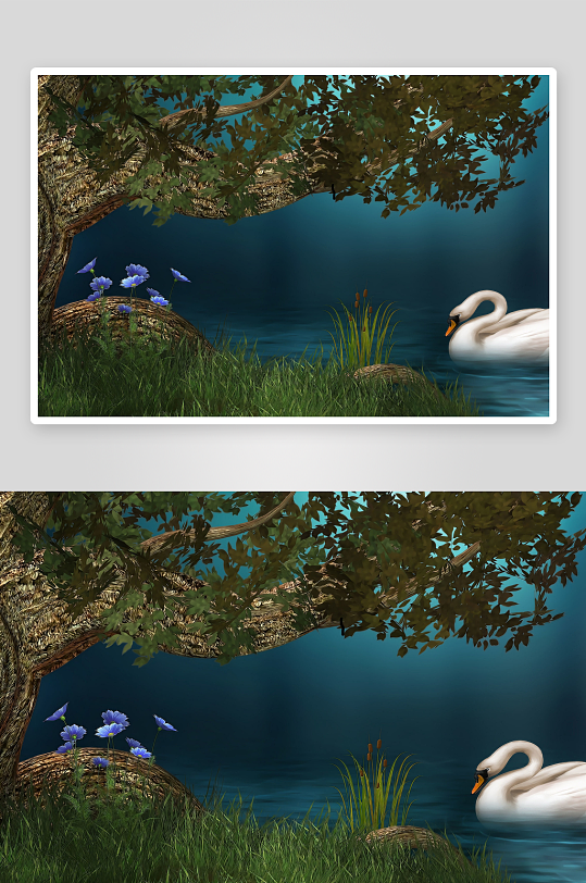 湖畔天鹅与绿树蓝花-众图网