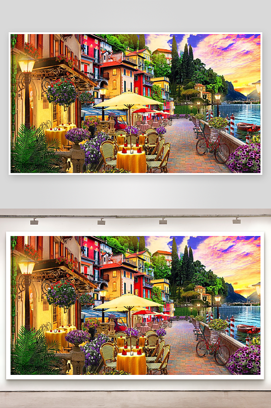 湖畔彩色建筑与户外咖啡座-众图网