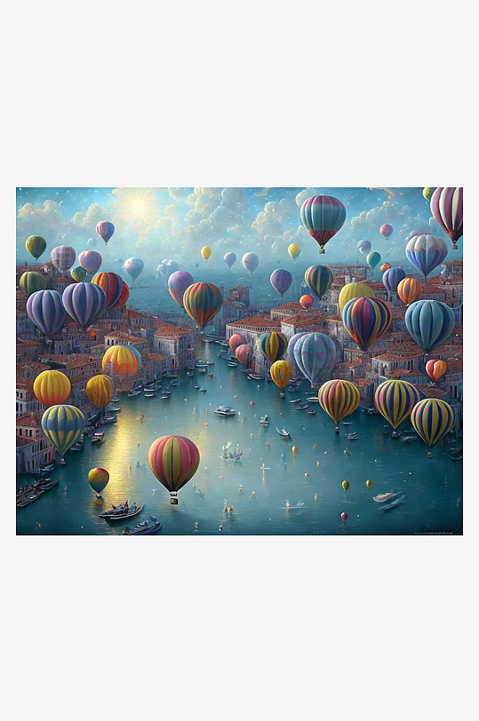 热气球飞越水城的梦幻景象-众图网