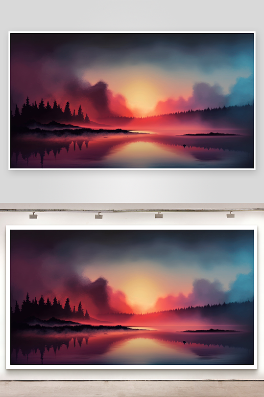 湖畔日落云雾缭绕美景-众图网