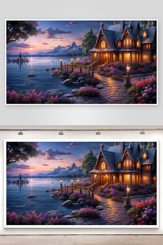 湖畔木屋夜景夕阳-众图网