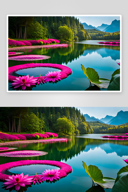 湖畔粉花盛开山林倒影-众图网