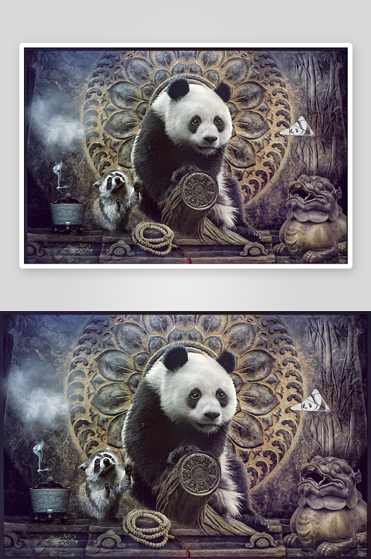 熊猫与浣熊静坐古雕背景-众图网