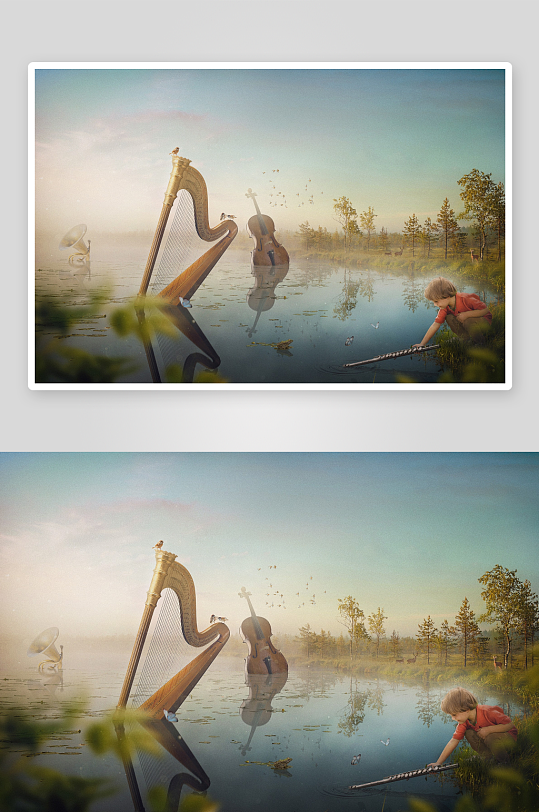 湖畔音乐奇景乐器与孩童的梦幻邂逅-众图网