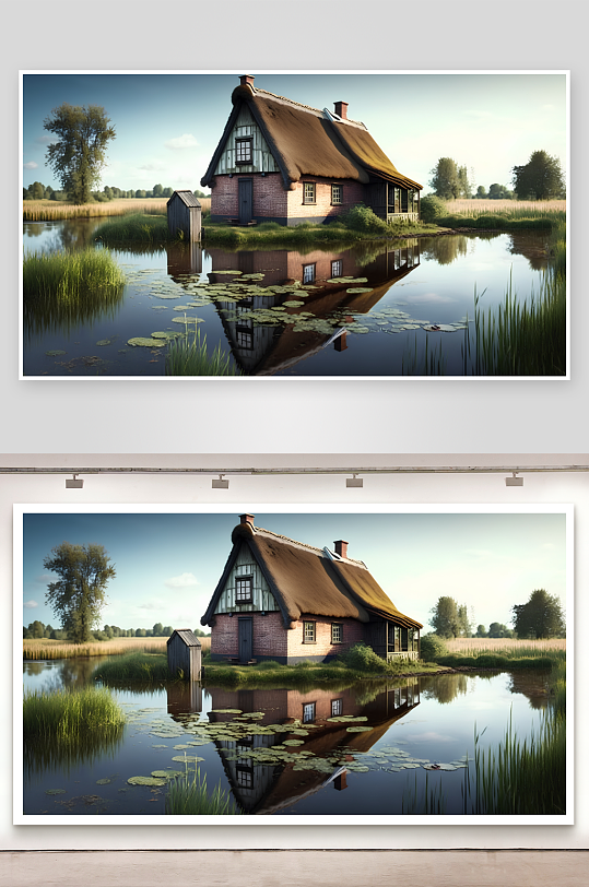 湖畔茅草屋静谧倒影-众图网