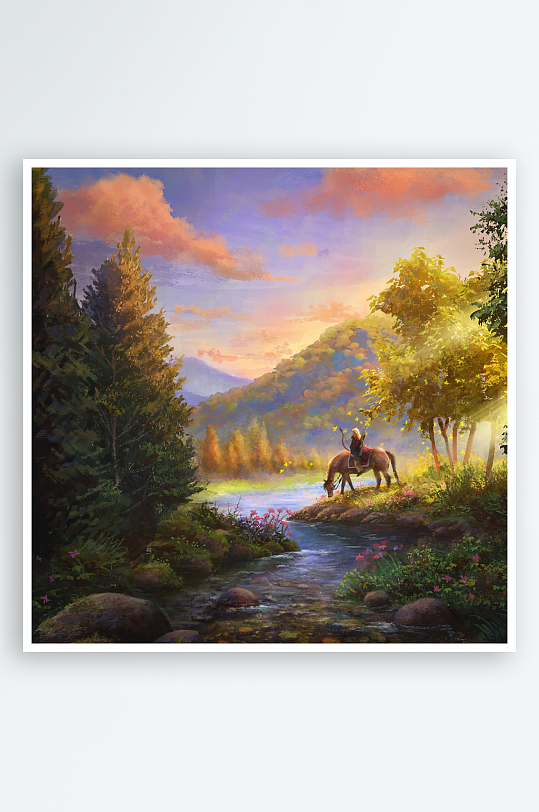溪边牧马人静谧自然画卷-众图网