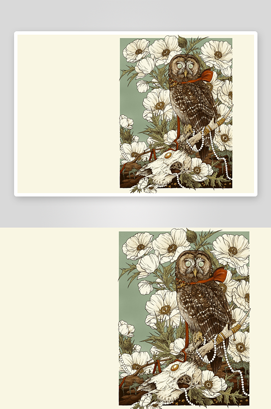 猫头鹰与花朵骷髅艺术插画-众图网