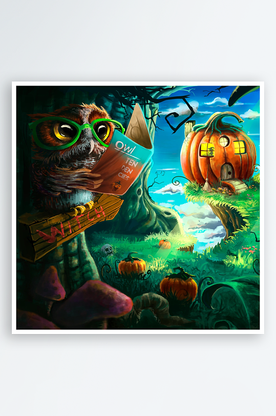 猫头鹰读书南瓜屋奇幻夜-众图网