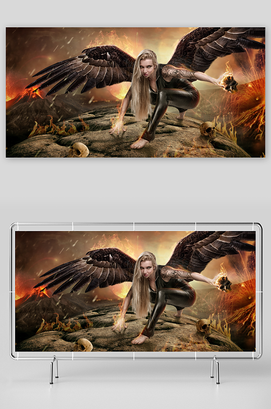 火焰背景下的天使女性形象-众图网