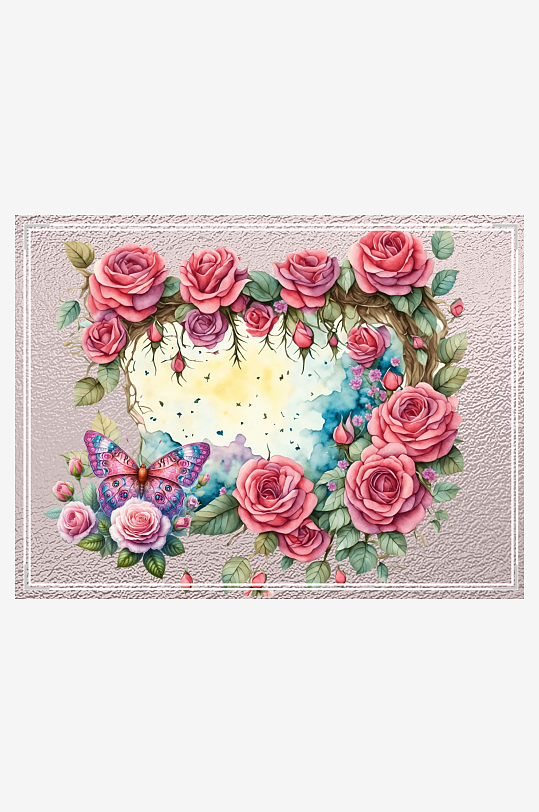 玫瑰花环与蝴蝶艺术画-众图网