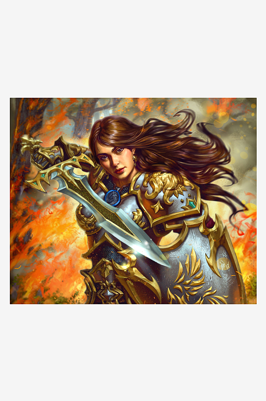 火焰背景下的铠甲女战士-众图网