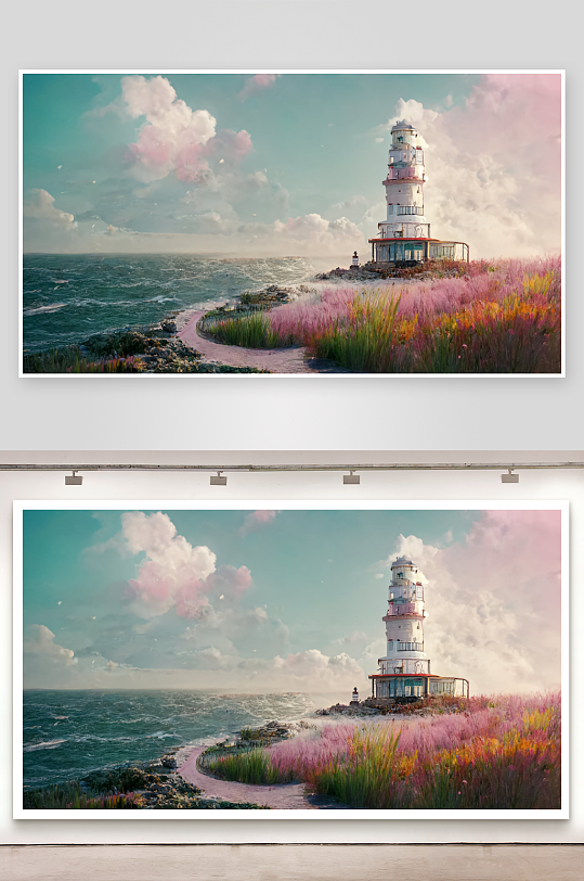 灯塔海岸花丛风景画-众图网