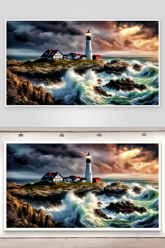 灯塔海岸风暴海浪拍打岩石-众图网