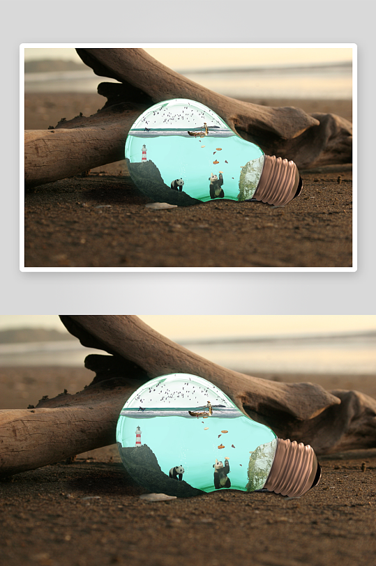灯泡内海景与熊猫创意合成-众图网