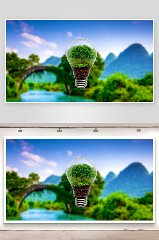 灯泡内绿树与山水背景-众图网