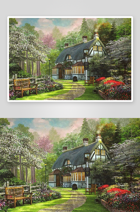 田园小屋花丛环绕宁静美景-众图网