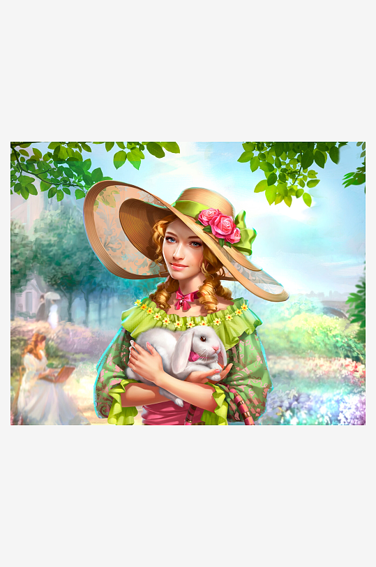 田园少女怀抱白兔温馨画面-众图网