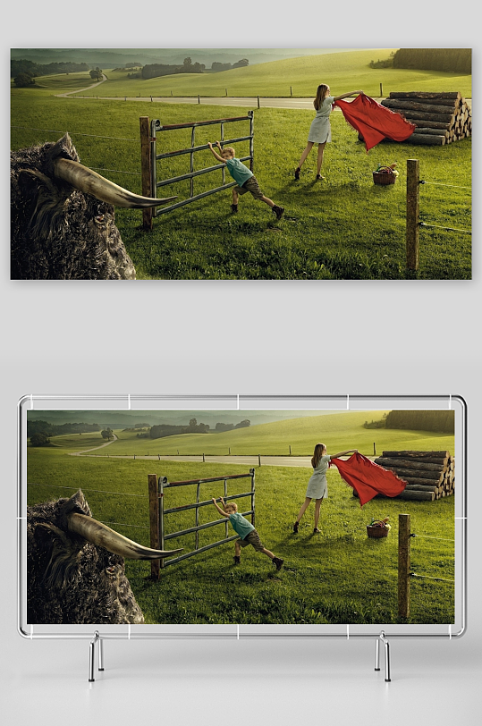 田园牧歌母子与牛的和谐画面-众图网