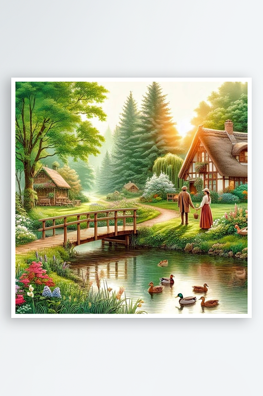 田园风光情侣漫步桥畔-众图网